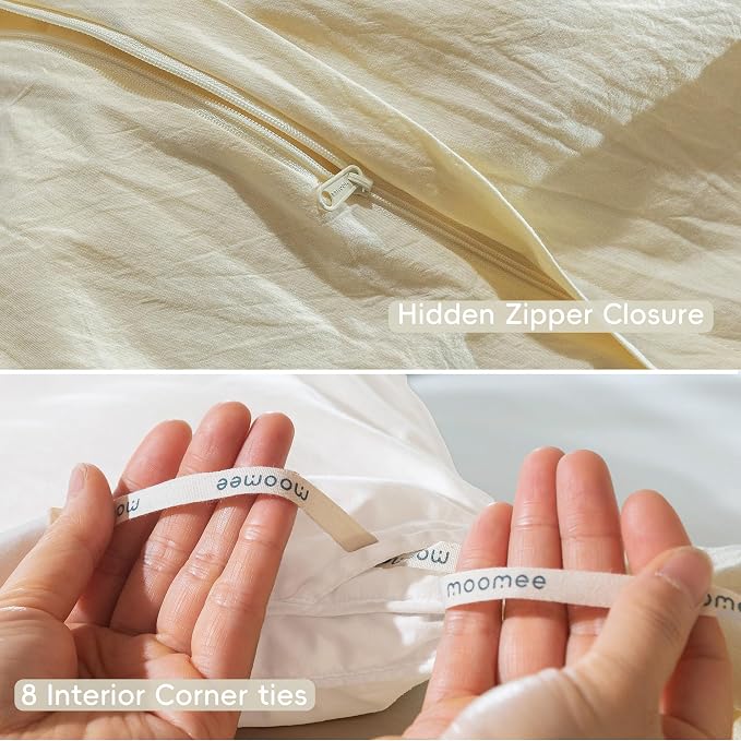 MooMee Duvet Cover Set 100% Washed Cotton Linen Like Oversized King | Relaxed Linen-like Texture. Soft, Breathable & Long-lasting Comfort. Lightweight. Hidden Zipper with 8 Interior Corner Ties
