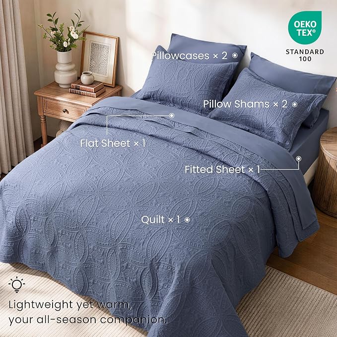 Love's cabin Queen Quilt Set Bluish Grey, Bed in a Bag Queen Bedding 7 Pcs, Ultrasonic Embossed Coin Pattern Comforter, Lightweight Bedspreads for All Seasons Quilt with Sheets, Pillowcases & Shams