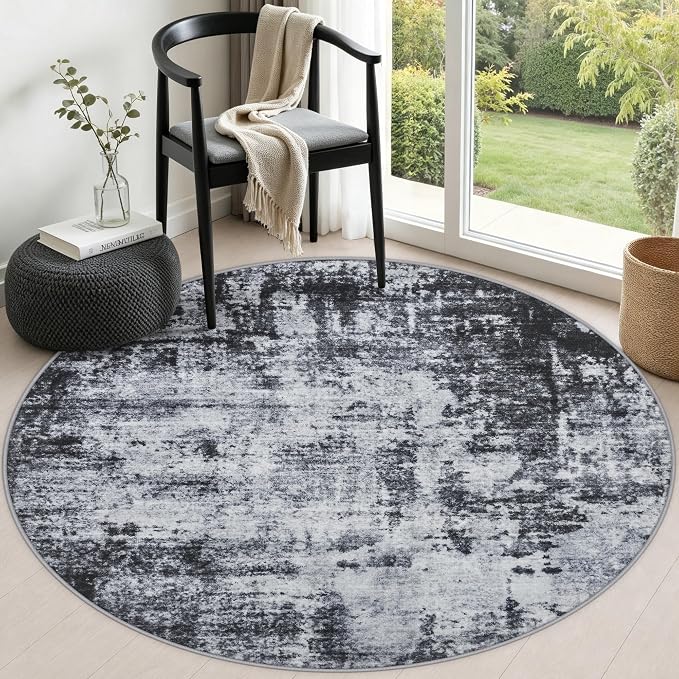 Round Area Rug Living Room: 4 ft Modern Washable Carpet Dark | For Bedroom Dining Room Farmhouse Nursery Hallway Office,Modern Abstract,Machine washable,Non-Slip,Stain Resistant,Indoor