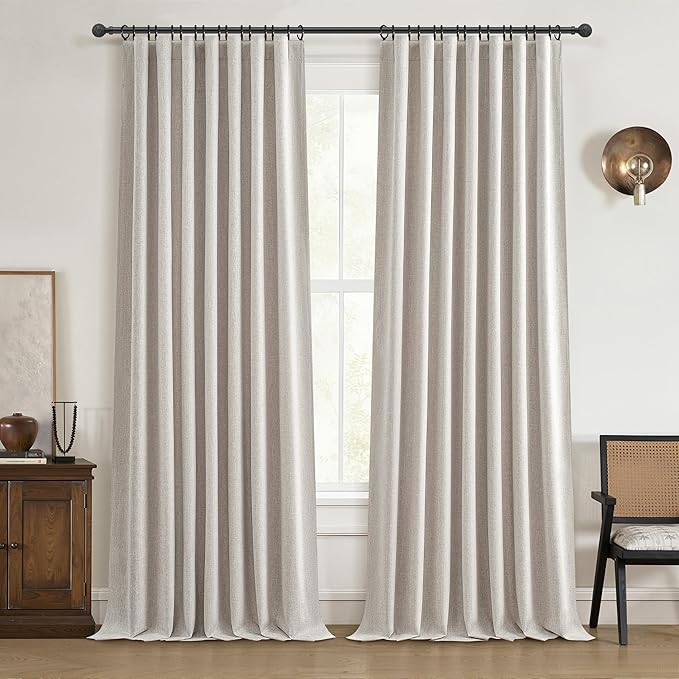 94 Inch Long Blackout Curtains 2 Panel Set, Pleated Boho Farmhouse Curtain for Living Room/Bedroom Darkening/Thermal/Noise Reduction Textured Flax Linen Drapes Hook&Rings Included (50"x94"x2 Natural)