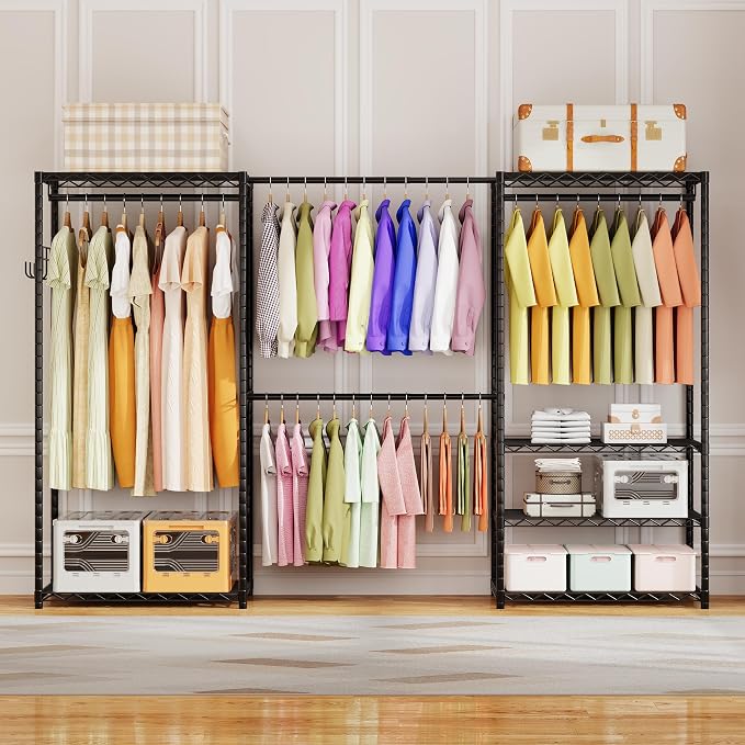 ecobedding Heavy Duty Garment Rack, 900LBS Max Load Freestanding Closet Organizer with 6 Storage Shelves & 3 Adjustable Hanging Rods, Multifunctional, Glossy Black, 15.75" D x 70-88.5" W x 76.5" H