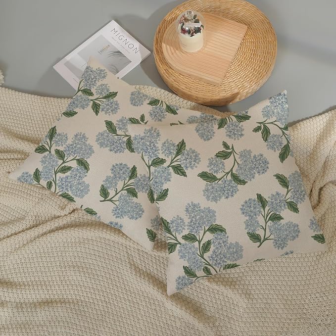 Spring Pillow Covers 20x20 Inch 2 Pcs Navy Blue Sage Green Hydrangea Flower Decor Throw Pillows Vintage Floral Seasonal Summer Outdoor Decoration Pillowcase Linen Cushion Cover for Couch Sofa