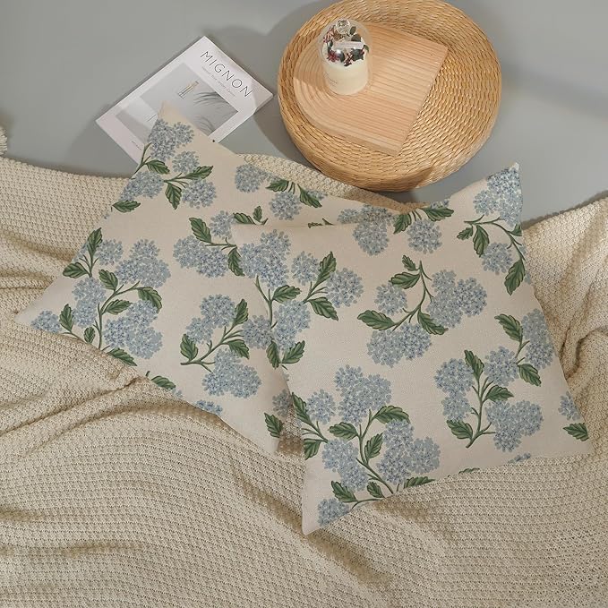 Spring Pillow Covers 16x16 Inch 2 Pcs Navy Blue Sage Green Hydrangea Flower Decor Throw Pillows Vintage Floral Seasonal Summer Outdoor Decoration Pillowcase Linen Cushion Cover for Couch Sofa