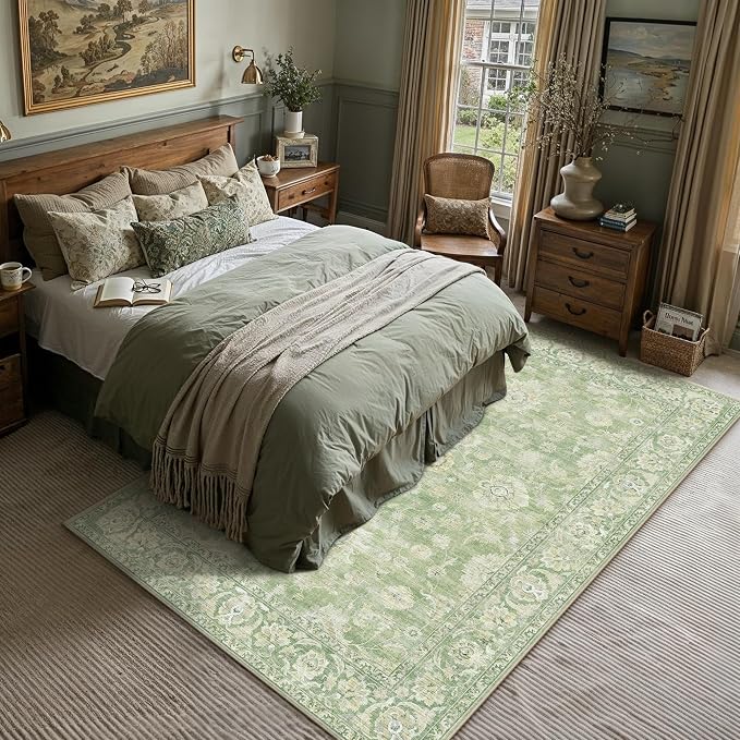 6x9 Green Neutral Area Rug | Washable, Vintage, Soft, Non Slip, Low Pile, Distressed, Carpet for Living Room Bedroom Dining Room Nursery Home Decor