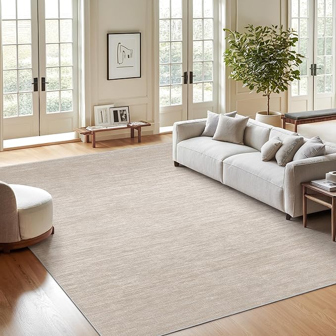 8x10 Area Rugs for Living Room, Large Washable Rug Non Slip, Beige | Soft Low Pile, Thin & Lighweight Carpet, Folable Stain Resistant Modern Indoor Floor Mat for Bedroom, Dining Room, Home Decor