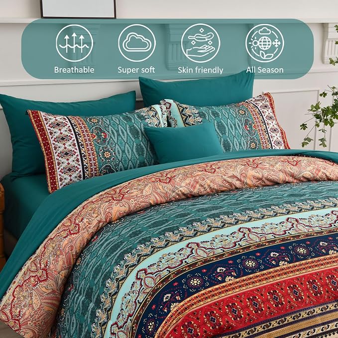 Cottolester Boho Full Size Comforter Set 8 Pieces,Green and Brown Bohemian Striped Bed in a Bag,Floral Soft Microfiber Bedding Comforter Set