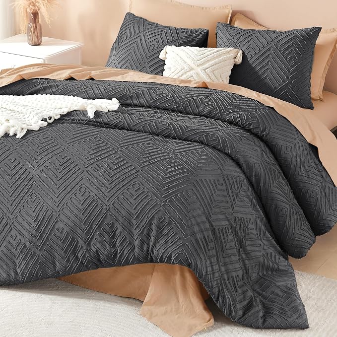 Litanika Oversized Queen Comforter Set, 3 Pcs Tufted Boho Bedding Set | Dark Grey Farmhouse Shabby Chic Vintage Bohemian Textured Aesthetic Soft Fluffy Lightweight Breathable All Season Bed Set