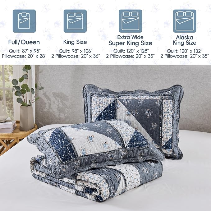Full/Queen Size Quilt Set Grey Floral Patchwork Bedspreads Bedding Set | VIVILINEN 3-Piece Reversible Floral Coverlet Set Lightweight Comforter Queen Bed Sheet Set Cover Blanket with 2 Pillow Shams