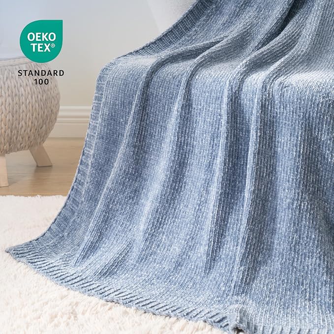 BATTILO HOME Blue Grey Chenille Throw Blanket for Couch, 51"x67" | Shiny Chenille Blanket, Blue Knit throw Blanket, Soft & Breathable, Summer Throw for Couch, Bed & Sofa