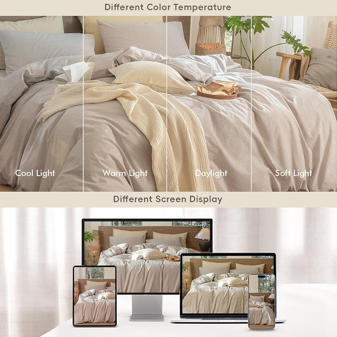 MooMee Striped Duvet Cover Set 100% Washed Cotton Linen Like King | Relaxed Linen-like Texture. Soft, Breathable & Long-lasting Comfort. Lightweight. Hidden Zipper with 8 Interior Corner Ties