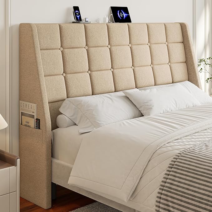 Queen Size Headboard with Charging Station, Wingback Ergonomic Headboards | Wingback Upholstered Bed Head Board with Storage Pocket, Sturdy Stable Solid Wood Headboard, Bed Frame Adapters, Beige