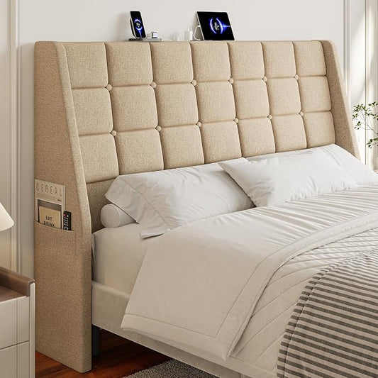 Queen Size Headboard with Charging Station, Wingback Ergonomic Headboards | Wingback Upholstered Bed Head Board with Storage Pocket, Sturdy Stable Solid Wood Headboard, Bed Frame Adapters, Beige