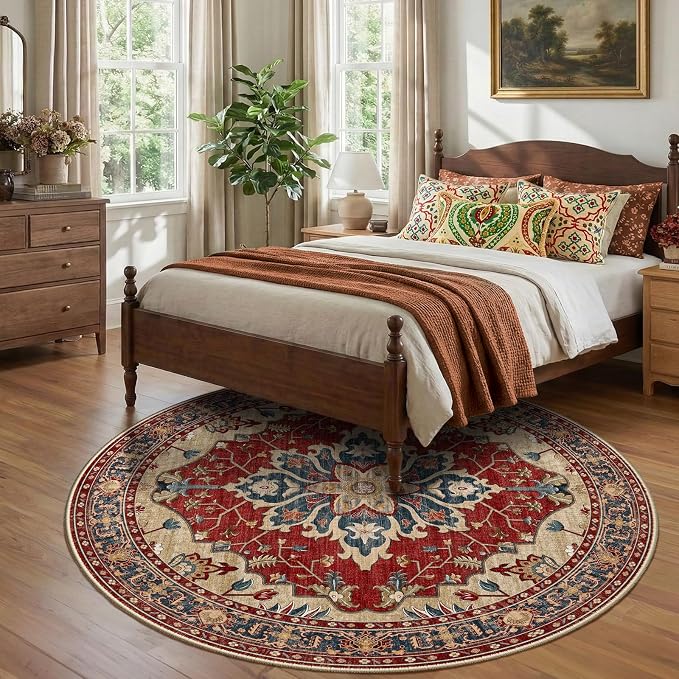 RELEANY Washable Area Rug, Round 8ft, Red/Blue | Non-Slip, Water Repellent, Pet Friendly, Easy to Clean, Vintage Floral Boho Decor for Living Room Bedroom Dining Room