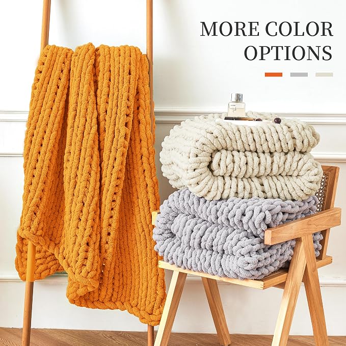 Chunky Knit Blanket Throw for Couch, 51"x63" Chunky Yarn Knitted Blankets | 100% Hand Knit Thick Chenille, Soft Breathable for Bed, Sofa, Home Decor, Cozy Gifts for Women Friends, Orange