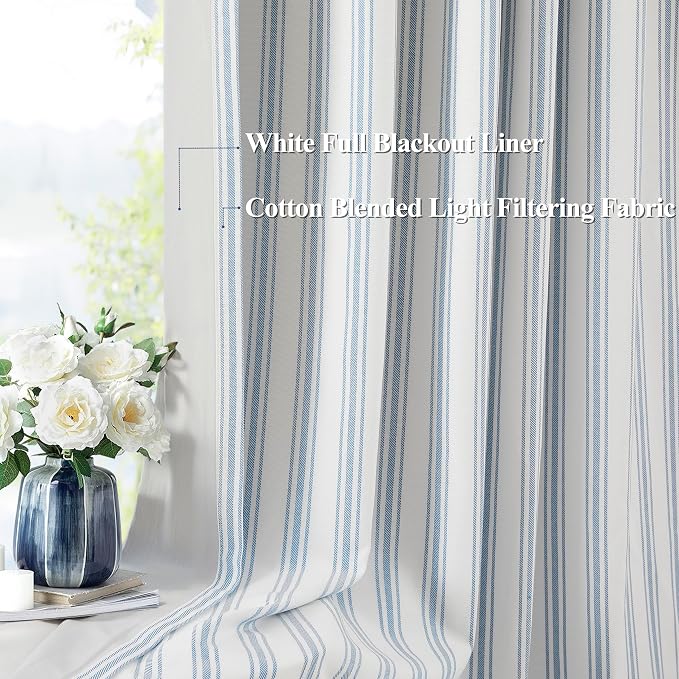 ZJDECOR 90 Inch Blue Striped Full Blackout Curtain Panels for Bedroom | Stripes on White Cotton Blend Light Filtering Fabric with White Liner,Back Tab Rod Pocket Window Treatment,55"Wx90"Lx2