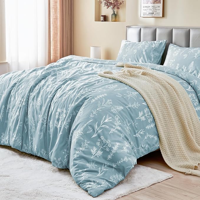 MUXHOMO Duvet Cover Twin/Twin XL Size Set, Reversible Floral Mineral Blue Duvet Cover with Zipper Closure, 2 Pieces Botanical Patterns Soft Bedding Set with 4 Ties (68"x90", 1 Pillow Case)