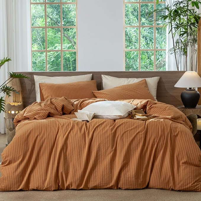 MooMee Striped Duvet Cover Set 100% Washed Cotton Linen Like King | Relaxed Linen-like Texture. Soft, Breathable & Long-lasting Comfort. Lightweight. Hidden Zipper with 8 Interior Corner Ties