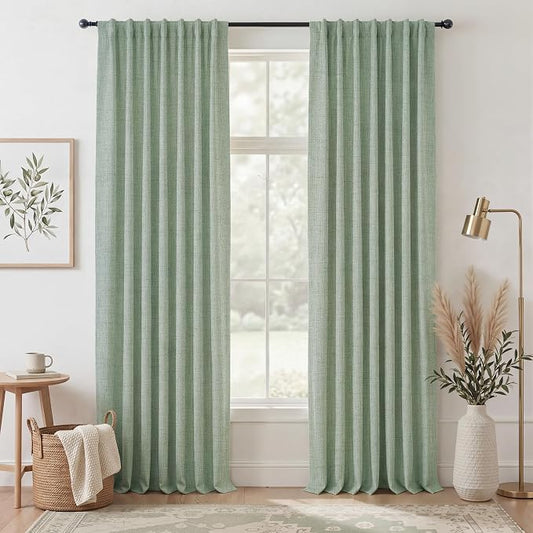 RYB HOME Sage Green 100% Blackout Curtains 102 Inch Long for Dining Room | Thermal Insulated, Linen Texture Elegant Farmhouse, Back Tab Rod Pocket, For Bedroom Living Room Office, W52 x L102, 2 Panels
