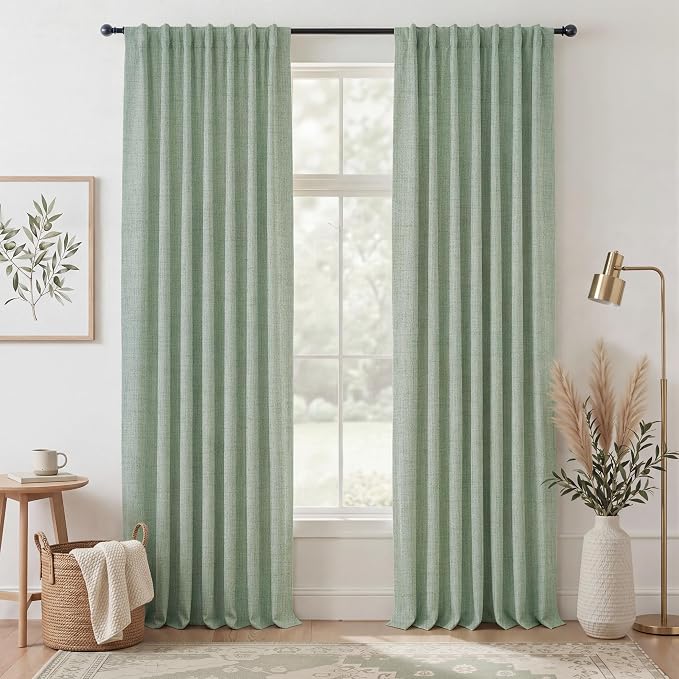 RYB HOME Sage Green 100% Blackout Curtains 90 Inch for Bedroom Living Room | Thermal Insulated, Linen Texture, Farmhouse Back Tab Rod Pocket, for Office Dining Room Nursery, W52 x L90, 2 Panels