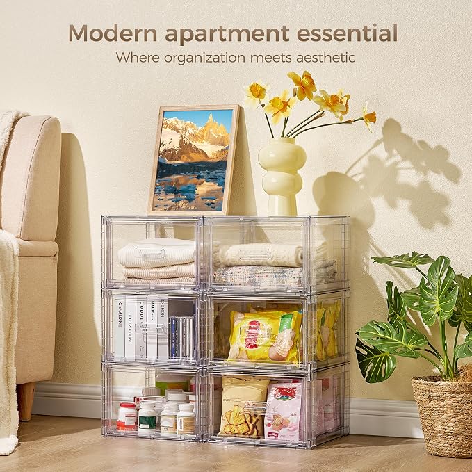 Vtopmart 9 Pack Clear Stackable Storage Drawers 15QT | Easily Assemble Closet Organizers,Plastic Storage Bins for Bathroom,Cabinet,Kitchen Pantry,Under Sink Organization(Medium)