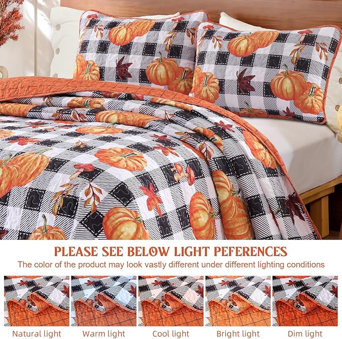 Fall Patchwork Quilt Set King Size, Pumpkin Maple Leaves Plaid Bedding Set | Thanksgiving Themed Bedspread with Black White Checkered Pattern, Soft Coverlet with 2 Pillowcases Autumn Home Decor Gift