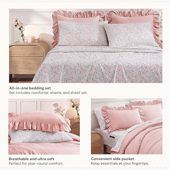 Queen Comforter Set-7 Pieces Ruffle Bedding with Floral Sheet | Soft Pink Bed in a Bag, Soft Lightweight All Season Farmhouse Queen Bedding Sets with Floral Sheets, Pillowcases & Shams