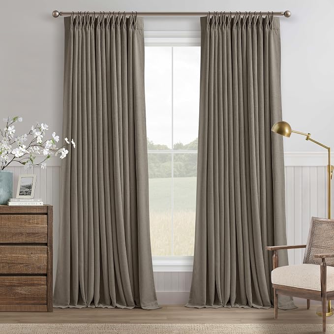 Dark Taupe Linen Blackout Pinch Pleated 108 Inch Curtains for Living Room | Pinch Pleat, Room Darkening 100% Black Out, Thermal Insulated, Soundproof, Brownish Gray 108 Inch Curtain for Dining Bedroom