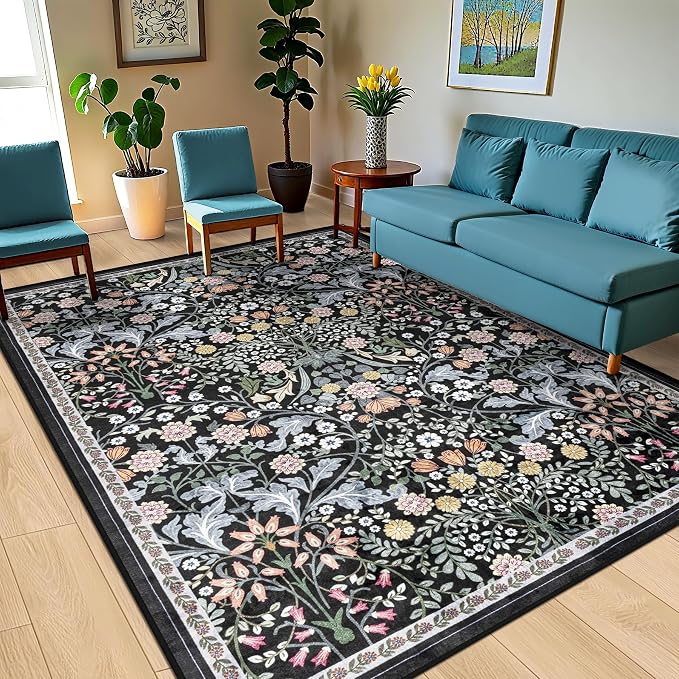 PLHXFR 8x10 Area Rug Living Room: Floral Washable Boho Carpet Dark Black | For Bedroom Dining Room Farmhouse Nursery Hallway,Vintage Floral,Machine washable,Non Slip,Stain Resistant,Large Indoor