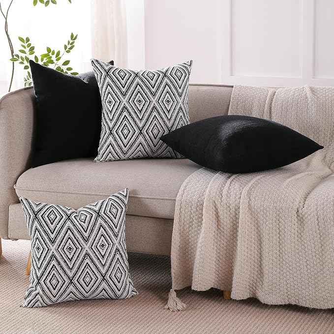 HPUK Throw Pillow Covers 18x18, 4 Pack, Black Textured Couch Pillow Covers | Polyester fabric, patterned and solid designs, hidden zippers, machine washable, for sofas and beds, inserts not included