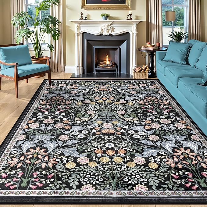 PLHXFR Area Rug 10x14 Living Room: Floral Washable Boho Carpet Dark Black | For Bedroom Dining Room Farmhouse Nursery Hallway,Vintage Floral,Machine washable,Non Slip,Stain Resistant,Large Indoor