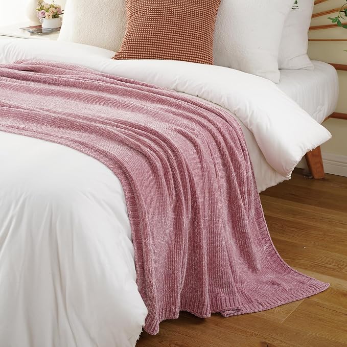 Pink Throw Blanket for Couch, Soft Chenille Throw Blanket 51"x67" | Shiny Chenille Blanket, Cozy Brethable Knit Throw Blanket for Bed Sofa Home Decor