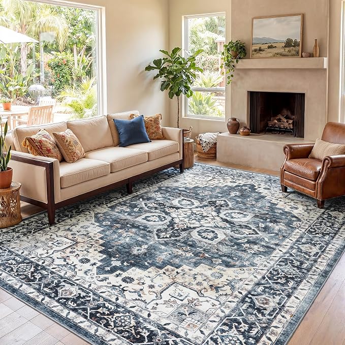 AMADA HOMEFURNISHING 8x10 Washable Area Rug, Low-Profile with Non-Slip Backing & Durable Edge Binding, Vintage Large Rugs for Living Room, Bedroom, Dining Room, Blue
