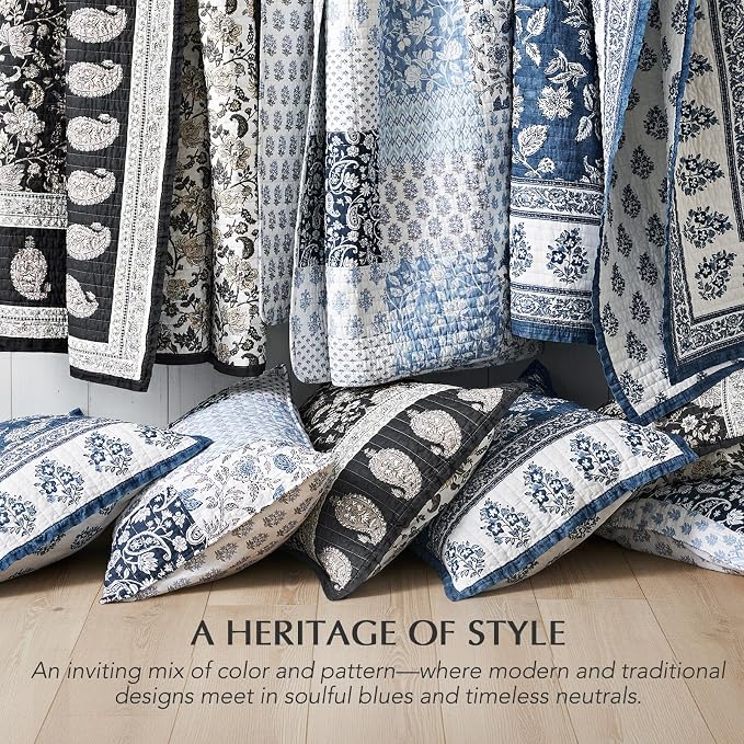 EverGrace 100% Cotton Patchwork Quilt Set, King Size, Coastal Blue 110"×92" | Reversible Lightweight Bedspread Coverlet, Printed Patchwork Bedding Set, Traditional Block Print Quilt with 2 Pillow Shams