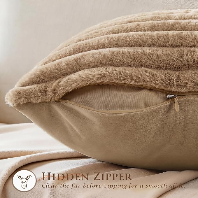 Pack of 2 Throw Pillow Covers 20x20 Decorative Solid Plush Faux Fur with Soft Velvet Back, Square Striped Cushion Cases Modern Farmhouse Home Decor for Living Room Couch Sofa Bed Khaki