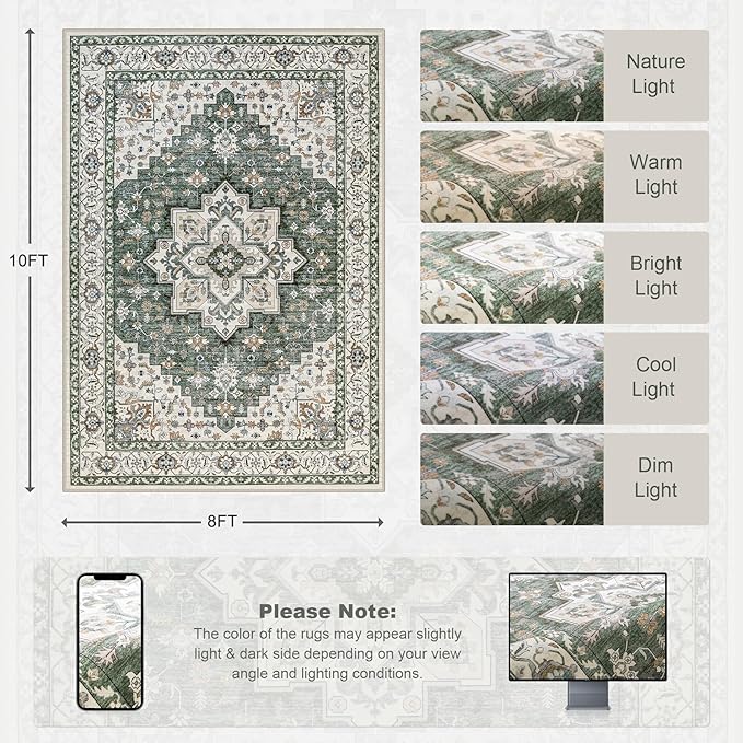 8x10 Area Rugs Living Room: Washable Rug for Bedroom Green Ivory | Boho No Slip Stain Resistant Rug Soft Indoor Decor Floor Floral Area Rugs for Dining Room, Nursery, Hallway, Home Office