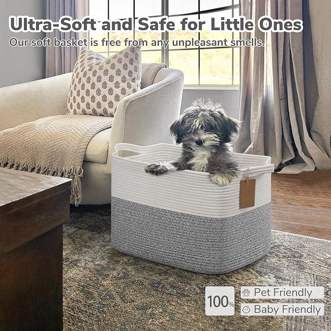 Goodpick 50L Large Woven Rope Storage Basket with Handles, Light Gray | 18" × 14" × 12" Stylish Gift Basket for Living Room & Nursery Organization, Fits Blankets, Toys & Home Essentials Storage