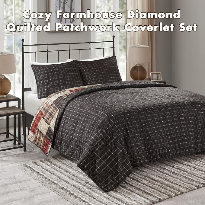 Madison Park Patchwork Farmhouse Red/Black King Quilt Set, 3pc | Diamond Quilted, Reversible Coverlet Set, Plush Cotton Filled, Lightweight, Machine Washable, Easy Care, All-Season, Cozy