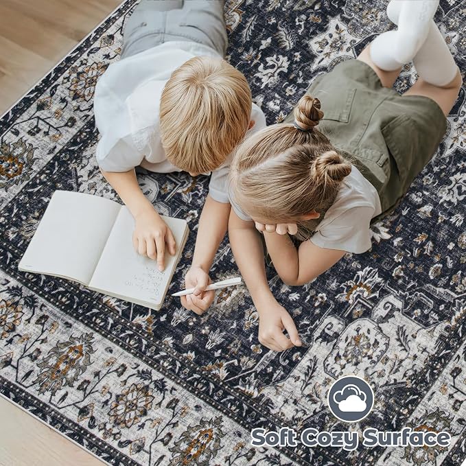 Area Rug 9x12 Washable Rug, Vintage Boho Medallion Rugs Non-Slip Soft Low Pile Large Distressed Rug Indoor Retro Carpet for Living Room Bedroom Dining Room Home Office (Vintage Black, 9'x12')