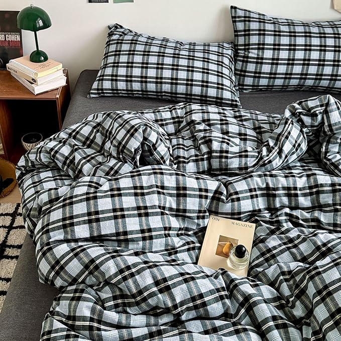 Grey Black Plaid Comforter Set Twin XL, 3 Pieces Modern Style Grid Comforter with 2 Pillowcases, Vintage Plaid Checkered Comforter for All Seasons, Soft Breathable Farmhouse Gingham Bedding Set