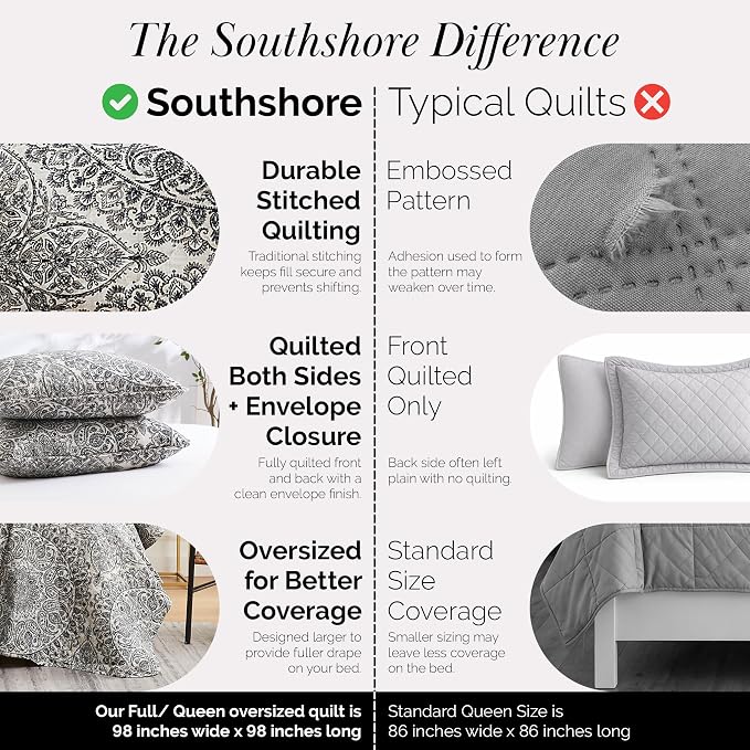Southshore Fine Living, Inc. Ashanti Collection Oversized Quilt Queen Bedding Set Lightweight, Soft Coverlet Bedspread 3-Piece with Two Matching Shams (98 in Wide x 98 in Long), Full/Queen, Grey