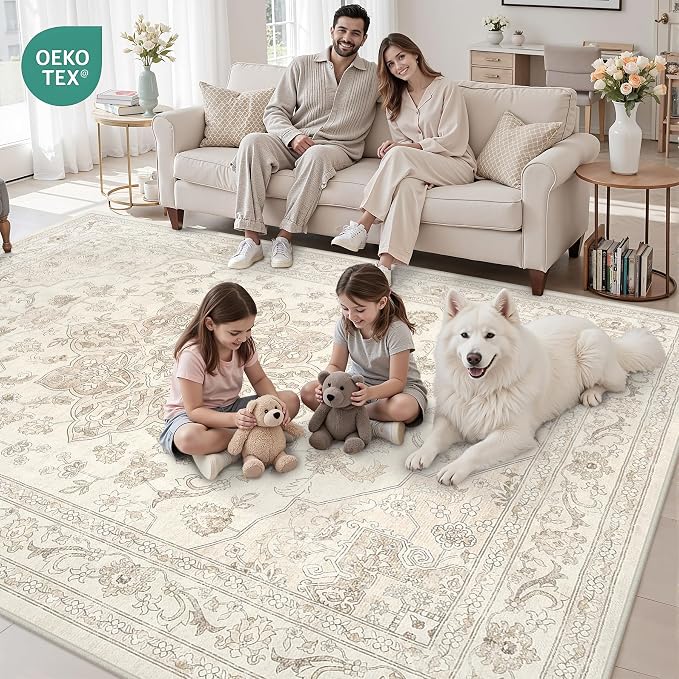 5x7 Area Rugs Living Room: Bedroom Washable Carpet Beige White | Vintage Boho Soft Small Indoor Decor Floor Non-Slip Low Pile Neutral Farmhouse Entryway Laundry Bathroom Bedroom Beside Rugs