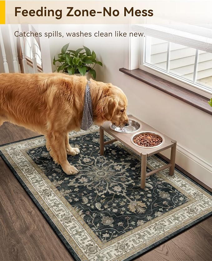RELEANY Washable Area Rug, Small 2'x3', Black/Vintage/Beige | Non-Slip, Water Repellent, Pet Friendly, Easy to Clean, Vintage Floral Boho Decor for Kitchen Entryway Bathroom