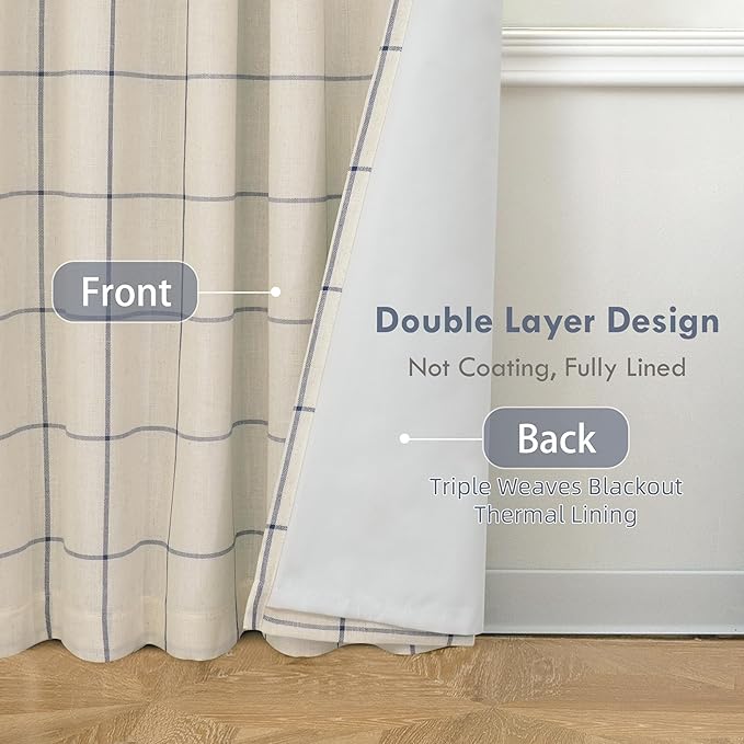 DriftAway 100% Blackout Plaid Curtains 102 Inches Long 2 Panels Navy Blue | 100% Blackout, Linen Texture, Plaid Pattern, Two Layers, Rod Pocket & Back Tab, Bedroom Living Room Use, Luxury Appearance