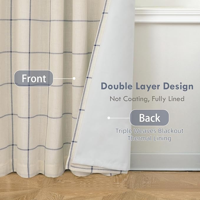 DriftAway 100% Blackout Plaid Curtains 96 Inches Long 2 Panels Navy Blue | 100% Blackout, Linen Texture, Plaid Pattern, Two Layers, Rod Pocket & Back Tab, Bedroom Living Room Use, Luxury Appearance