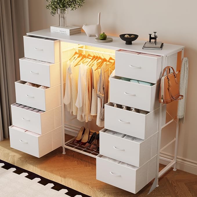 LUMTOK 55"W Dresser with Hanging Rack,10 Fabric drawers & Hooks for Bedroom | White 10 Drawers Dresser with LED Lights, Charging Station,chest of drawers with wooden top for clothing storage organization