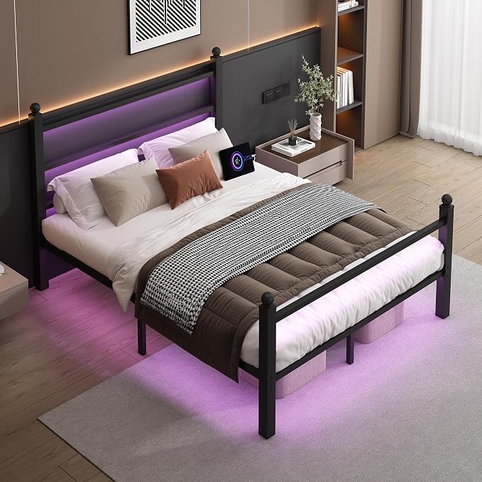 CLIBFENG Queen Size Bed Frame with Headboard and Footboard,Steel Slats Support-LED Bed Frame with USB Charging Station,Mattress Foundation-Under Bed Storage,No Box Spring Needed,Noise Free,Black