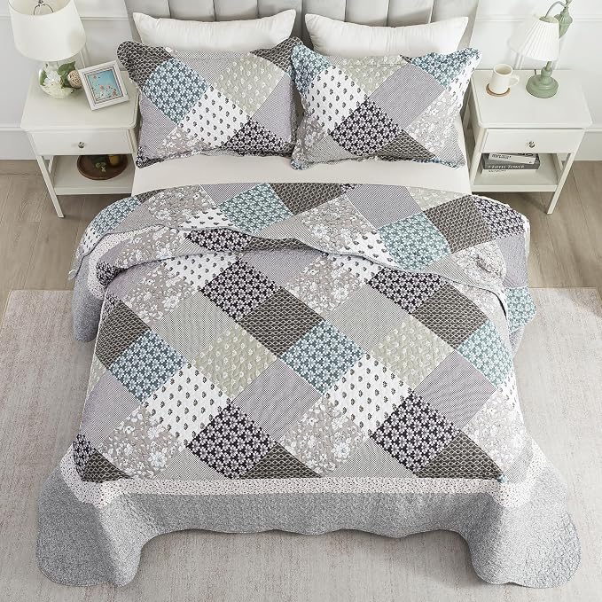 Quilt Set King Size, Bedspread Sets Light Grey Square, Reversible Quilt Bedding Set Lightweight and Breathable for All Seasons, Soft Quilted Bedspread with 2 Pillow Shams