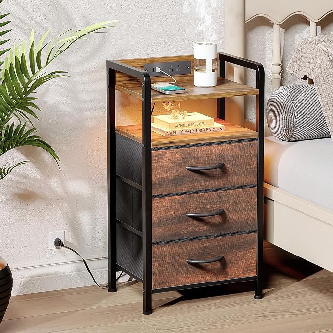 Lazzanto Nightstand with Rear Charging Station, LED Light, 3 Drawers, Brown | Industrial Nightstand, 2 USB-A Ports & AC Outlets, Raised Back Guard, Fabric Storage Drawers, Bedside Table for Bedroom, Dorm