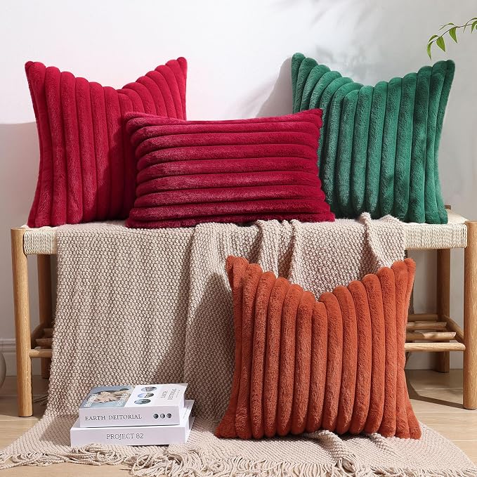 decorUhome Fall Faux Fur Throw Pillow Covers 18x18 Set of 2 Christmas Green | Decorative Soft Cozy Striped Plush Modern Farmhouse Boho Couch Pillow Cases Velvet Back for Sofa Bed Living Room Home Decor