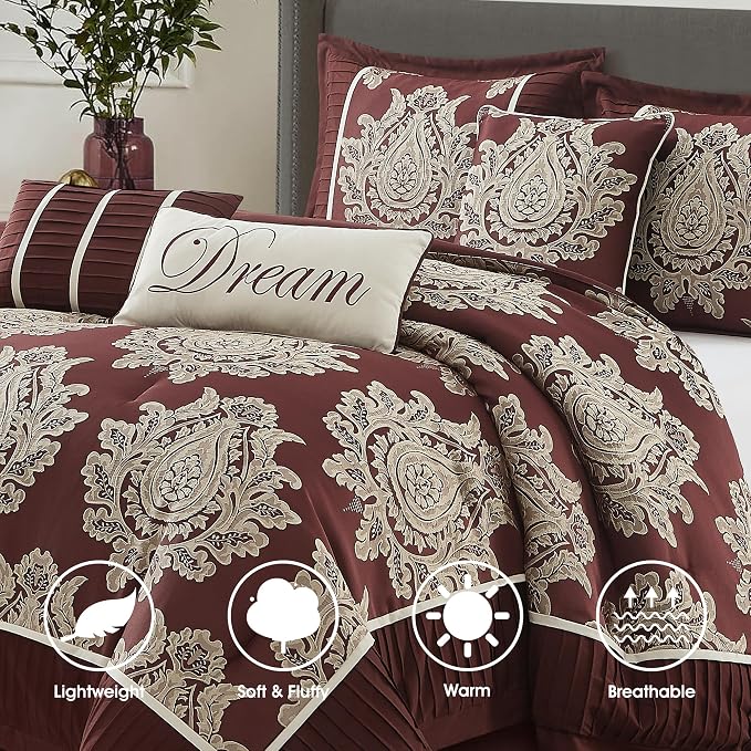 Burgundy California King Comforter Set 7 Pieces, Jacquard Woven with Damask, Bedding Set in a Bag Includes Comforter, Bed Skirt, Pillow Shams, and Decorative Pillows
